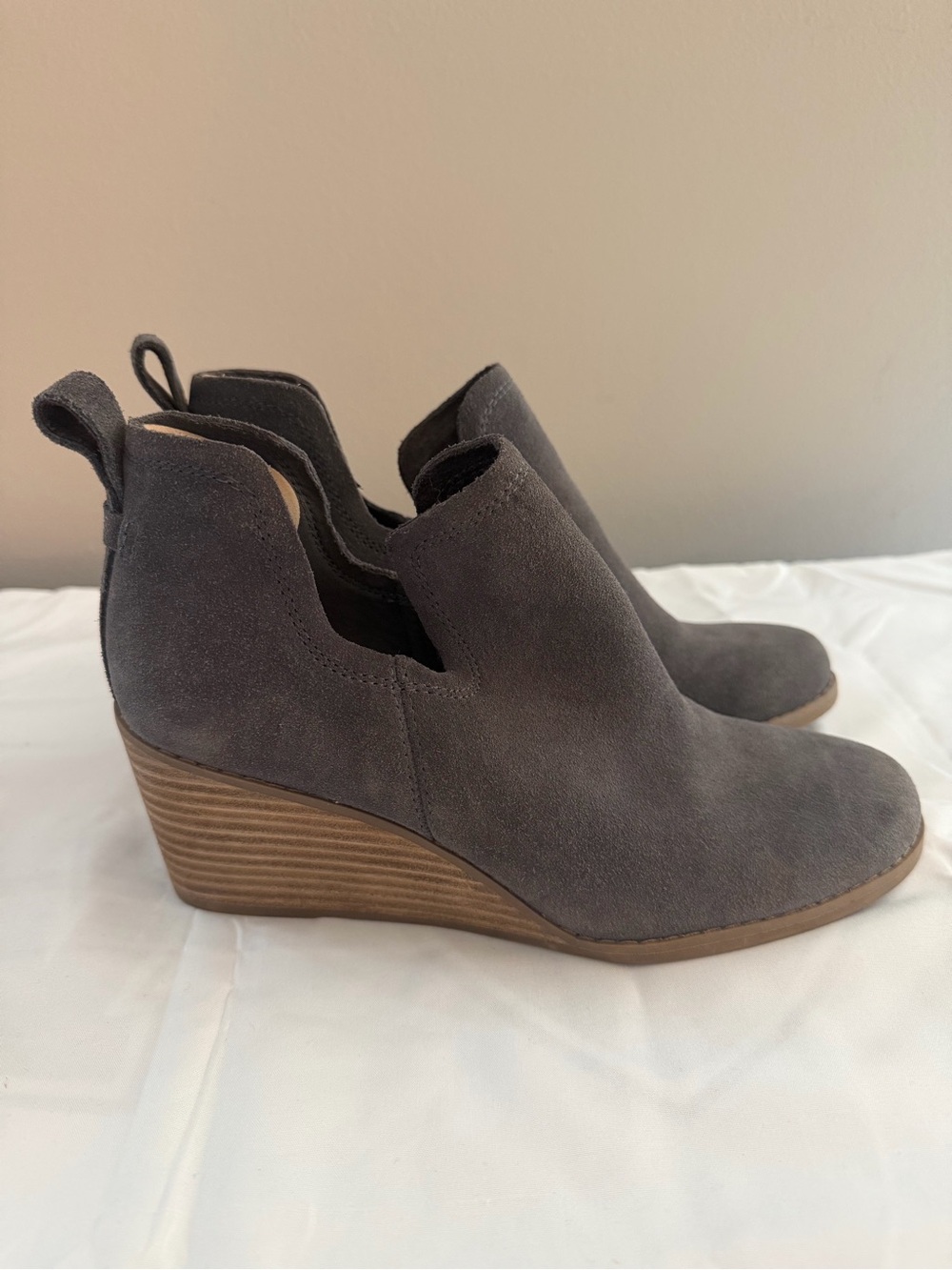 Toms Gray Suede Wedge Cutout Booties